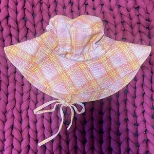 Free People Rahi Plaid pink/yellow/purple Sunhat with Ties Bow